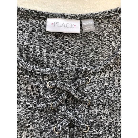 Children's Place Lace Up Neck Gray Nubby Knit Dress Girls XXL 16 A Line Flare - Picture 3 of 7